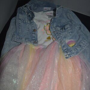 Little Lass tutu dress with floral print and denim jacket with heart 4T